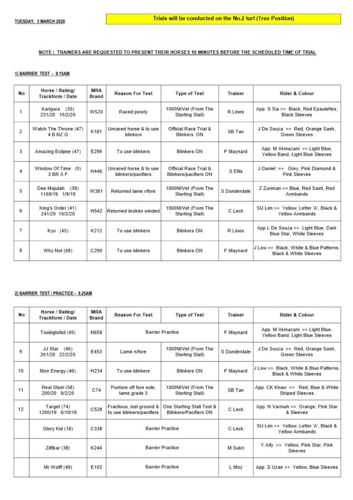 Trial Schedule | Selangor Turf Club